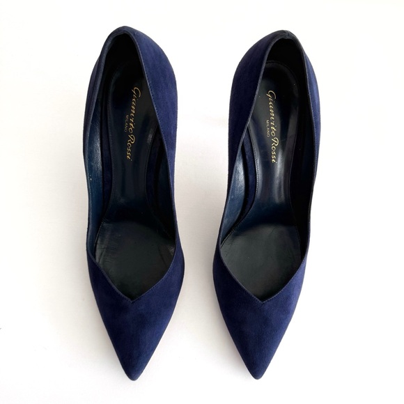 GIANVITO ROSSI NAVY BLUE SUEDE POINY TOE HIGH HEEL PUMPS - Picture 2 of 9